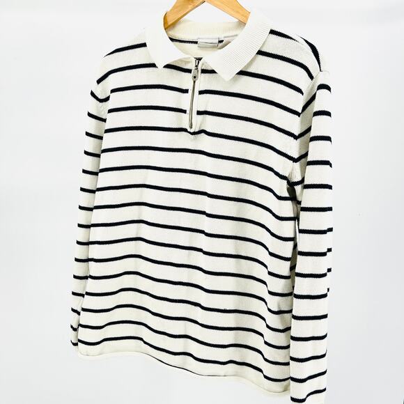 Vintage 90s Preppy White Black Stripe Cotton Quarter Zip Sweater - Picture 1 of 7